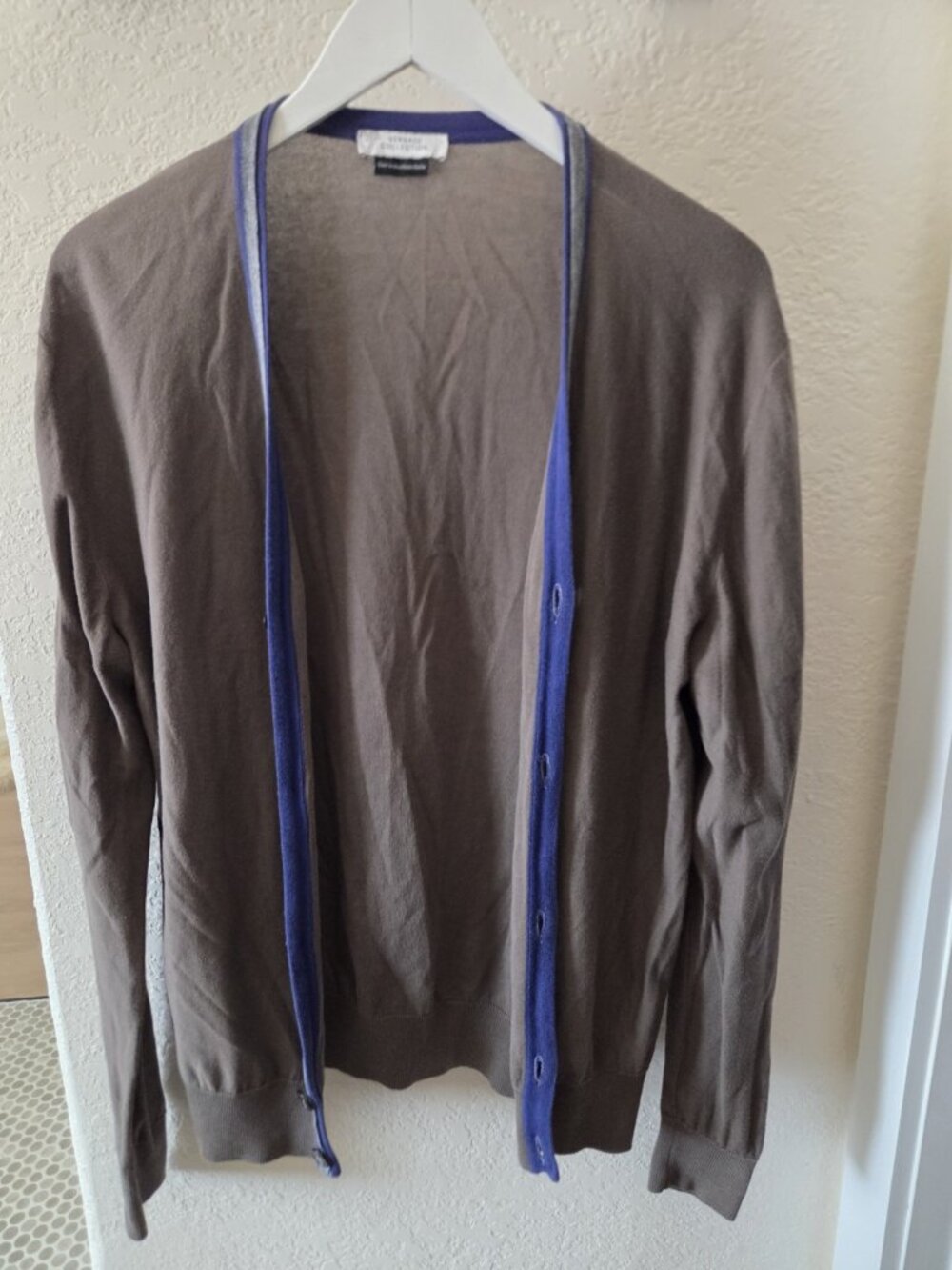 VERSACE Sz Med Men‘s Brown With Trim Navy Blue Cotton Blend Cardigan ITALY. GUC